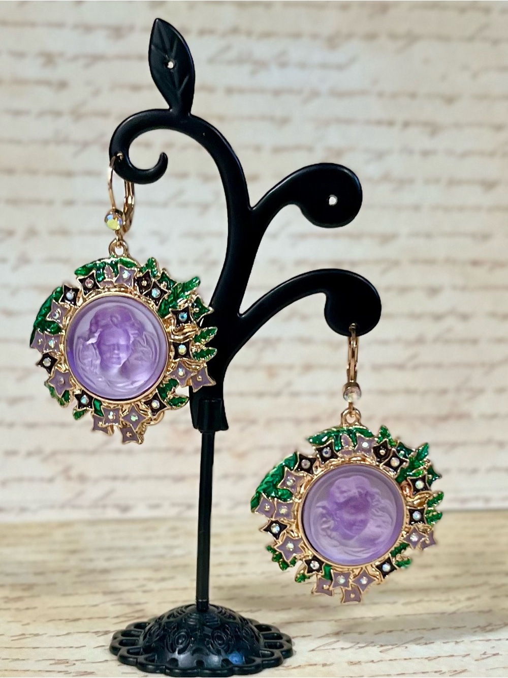 Kirks Folly Dream Angel Lavender Cameo Lever Back Earrings Gold